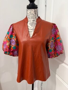 THML Rust Faux-Leather Top with Multicolor Embroidered Puff Sleeves